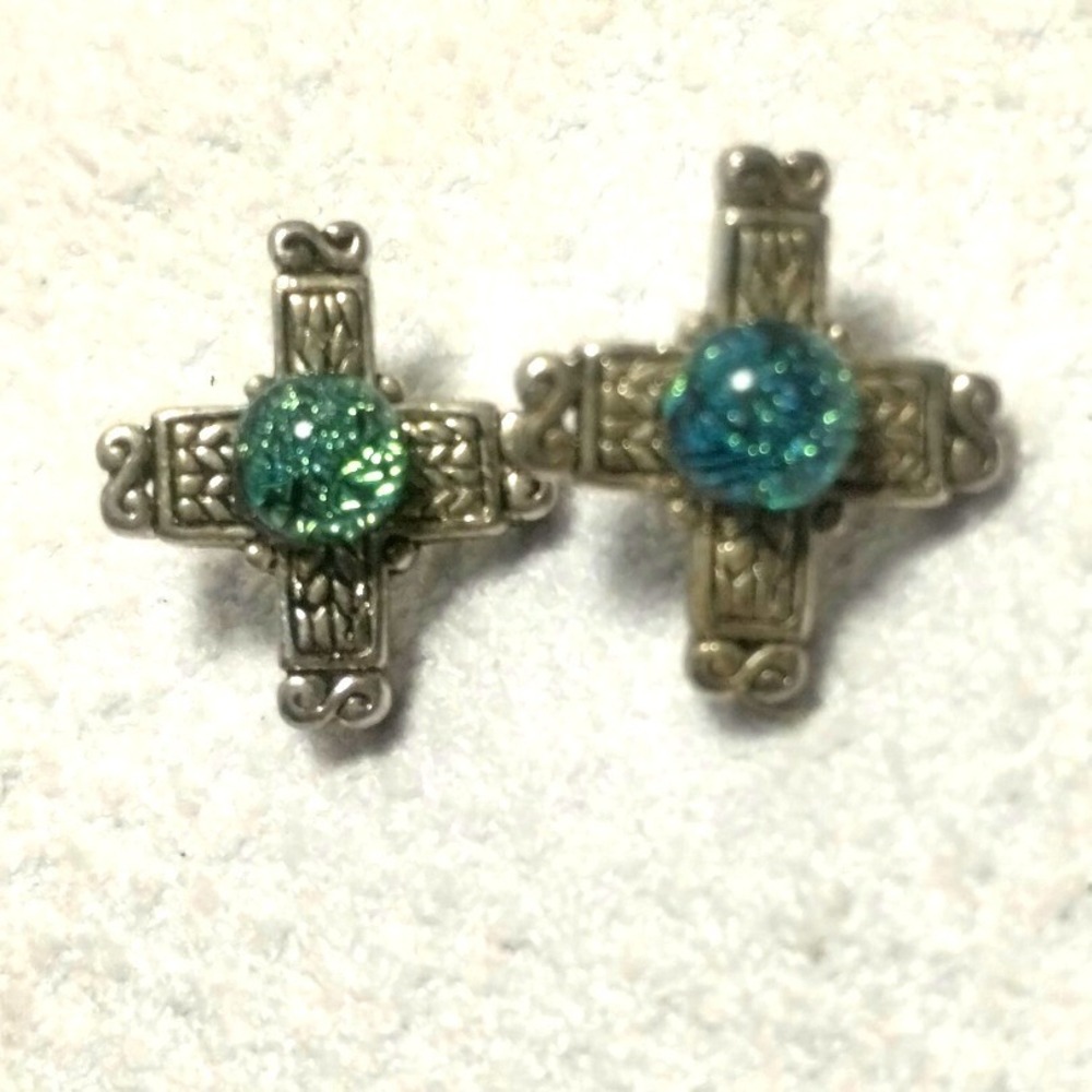 Silver Tone Teal Faux Druzy‎ Cross Stud Earrings Religious Gothic Jewelry